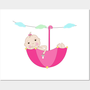 Baby girl greeting card with a hand holding baby pacifier umbrella Posters and Art